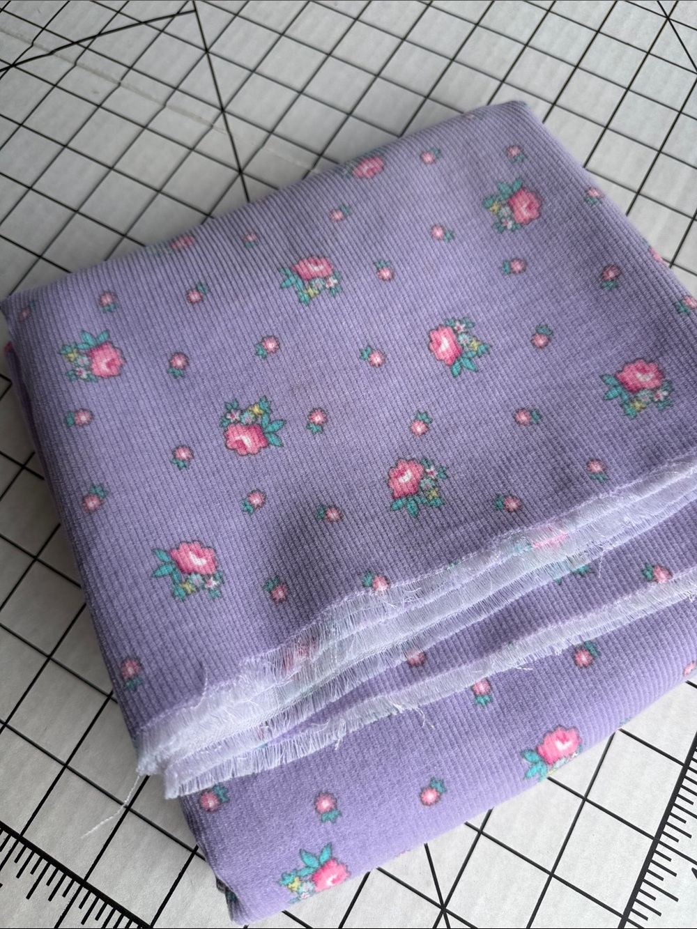 Vintage Lavender Floral Baby Wale Corduroy Fabric 24” x 64” Pink Rosebud Print